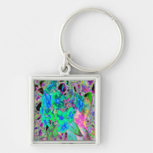 Psychedelic Trippy Lime Green and Blue Flowers Keychain