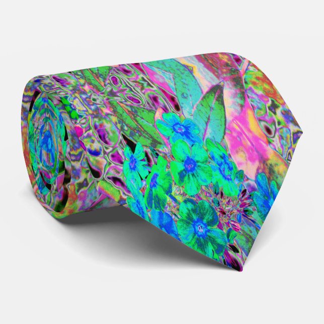 Psychedelic Trippy Lime Green and Blue Flowers Neck Tie (Rolled)