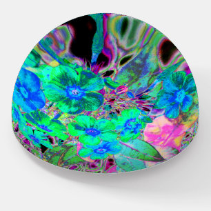 Psychedelic Trippy Lime Green and Blue Flowers Paperweight