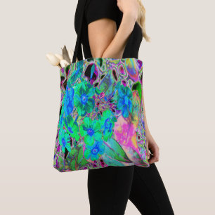 Psychedelic Trippy Lime Green and Blue Flowers Tote Bag