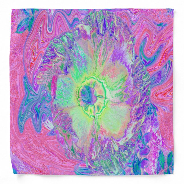 Psychedelic Trippy Lime Green and Purple Hibiscus Bandana (Front)