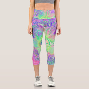 Psychedelic Trippy Lime Green and Purple Hibiscus Capri Leggings