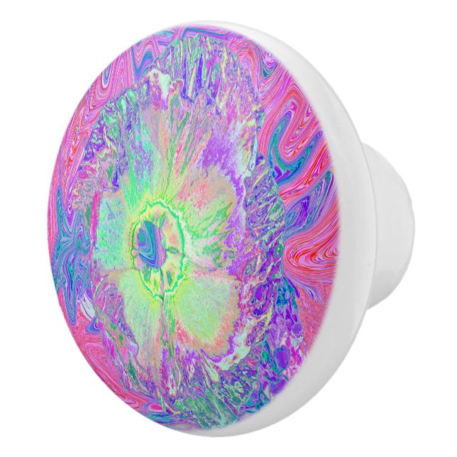 Psychedelic Trippy Lime Green and Purple Hibiscus Ceramic Knob (Right)