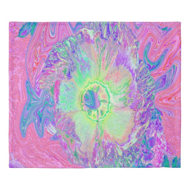 Psychedelic Trippy Lime Green and Purple Hibiscus Duvet Cover (Front)