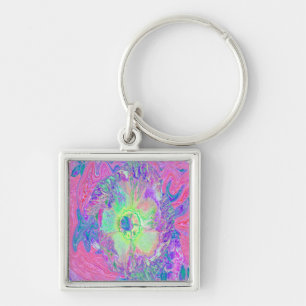 Psychedelic Trippy Lime Green and Purple Hibiscus Keychain