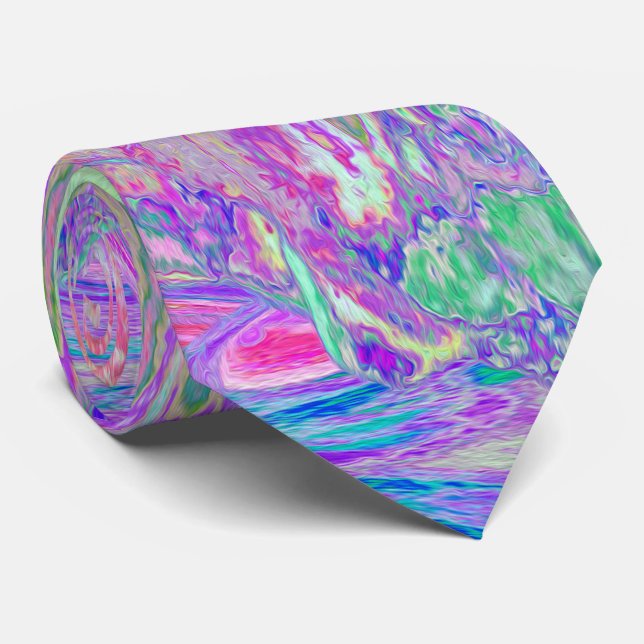 Psychedelic Trippy Lime Green and Purple Hibiscus Neck Tie (Rolled)
