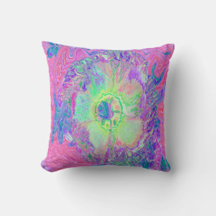 Psychedelic Trippy Lime Green and Purple Hibiscus Throw Pillow