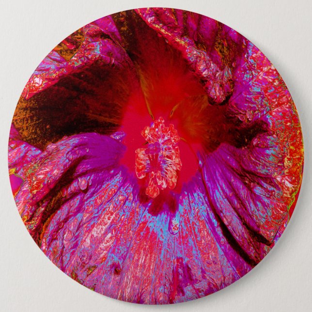 Psychedelic Trippy Retro Red Hibiscus Flower Button (Front)