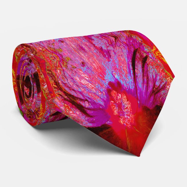 Psychedelic Trippy Retro Red Hibiscus Flower Neck Tie (Rolled)