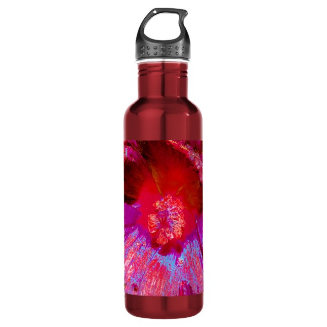 Psychedelic Trippy Retro Red Hibiscus Flower Stainless Steel Water Bottle (Front)