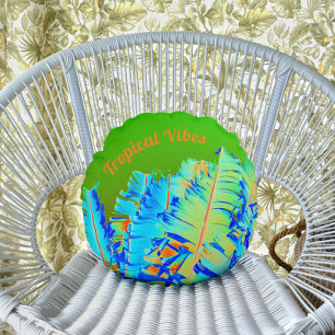 Psychedelic Tropical Vibe Palm Fronds Customizable Round Pillow