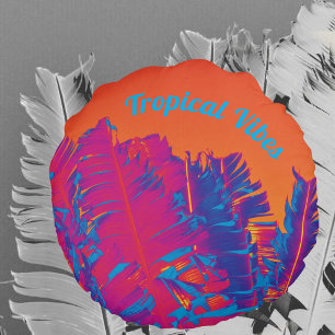 Psychedelic Tropical Vibes Palm Trees Hot Pink Round Pillow