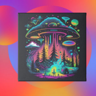 Neon Psychedelic Fish Tapestry Abstract Alien Spacecraft Trippy