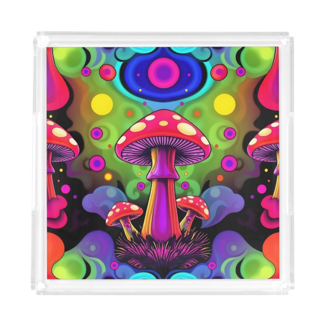 Psychedelic Vibrant Colorful Retro Mushrooms Acrylic Tray (Front)
