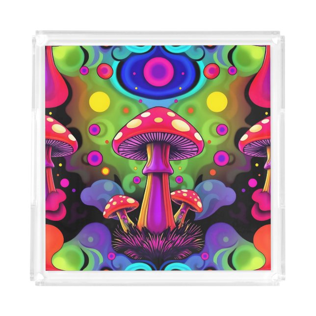 Psychedelic Vibrant Colorful Retro Mushrooms Acrylic Tray (Front)