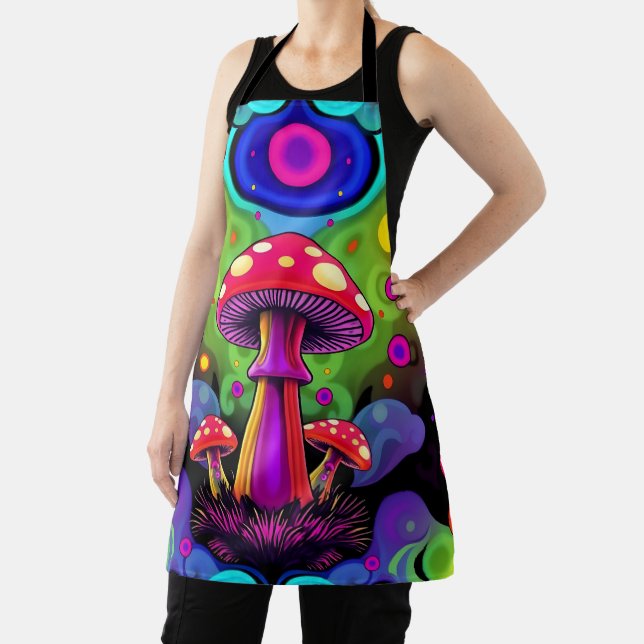 Psychedelic Vibrant Colorful Retro Mushrooms Apron (Insitu)