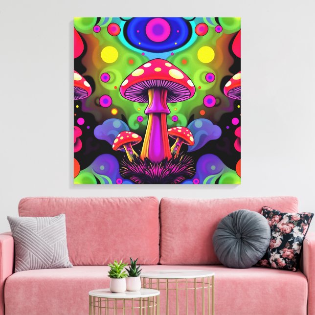 Psychedelic Vibrant Colorful Retro Mushrooms Canvas Print (Insitu(LivingRoom))