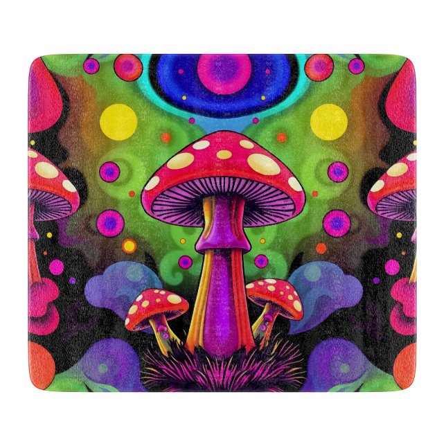 Psychedelic Vibrant Colorful Retro Mushrooms Cutting Board (Front)