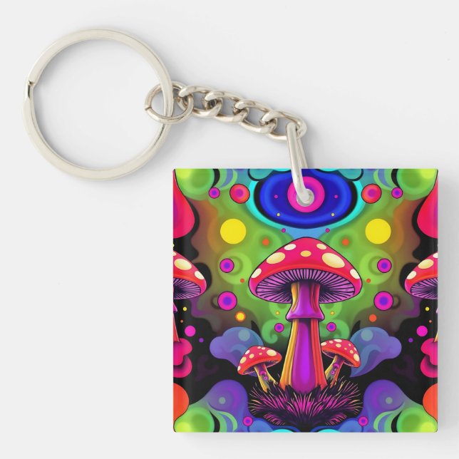 Psychedelic Vibrant Colorful Retro Mushrooms Keychain (Front)