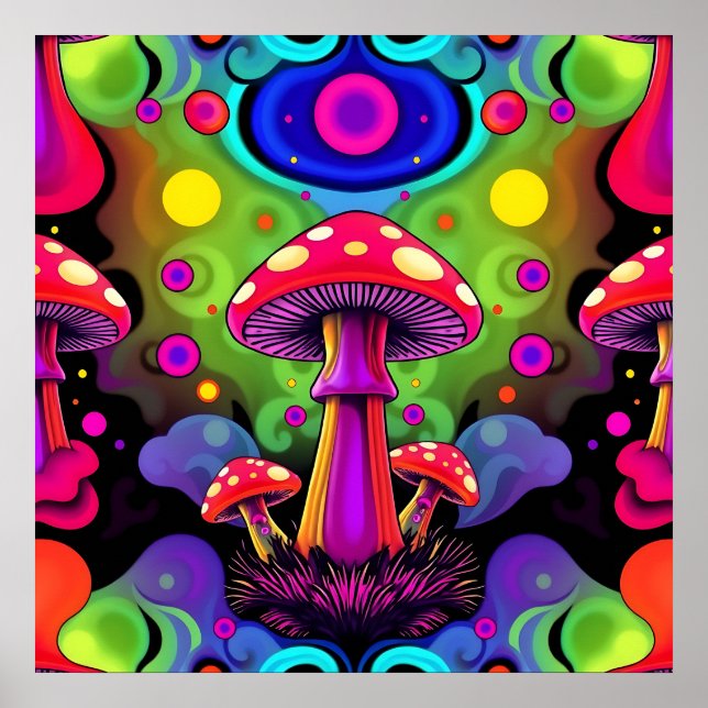 Psychedelic Vibrant Colorful Retro Mushrooms Poster (Front)