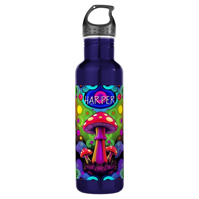 Psychedelic Vibrant Colorful Retro Mushrooms Stainless Steel Water Bottle (Front)