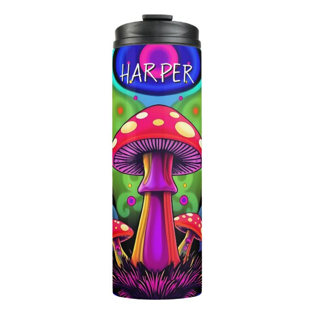 Psychedelic Vibrant Colorful Retro Mushrooms Thermal Tumbler (Front)