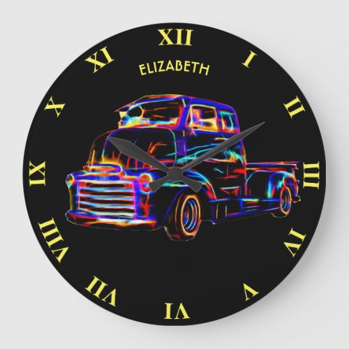 Psychedelic Vintage Rainbow Neon Pickup Truck Car Large Clock