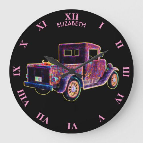 Psychedelic Vintage Retro Neon Pickup Truck Car Large Clock
