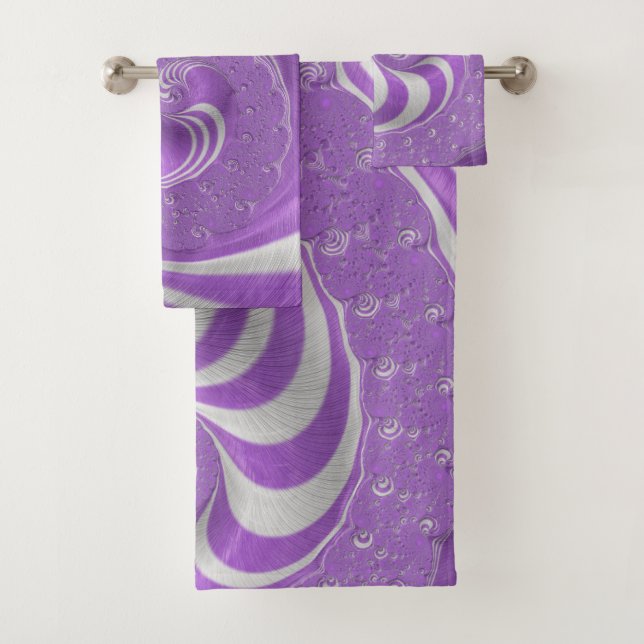 Psychedelic Violet White Fractal Striped Spiral  Bath Towel Set (Insitu)