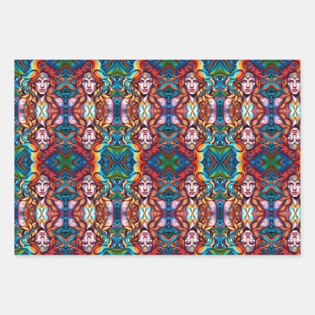 Psychedelic Warrior Woman Wrapping Paper Sheets (Front)