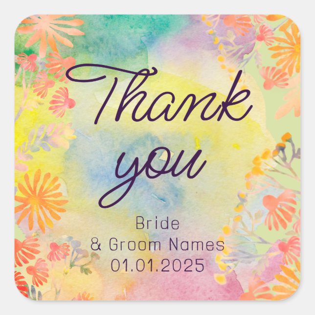 Psychedelic Watercolor Wildflower  Square Sticker (Front)