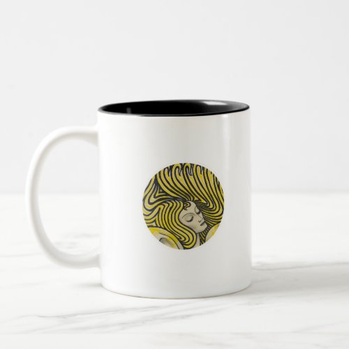Psychedelic woman in colors vintage line art Two_Tone coffee mug