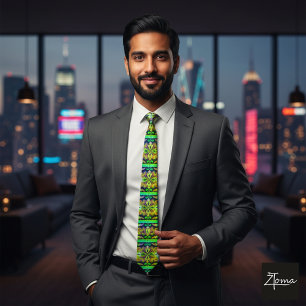Psychedelic Woven Green Ornamental Diamond Pattern Neck Tie
