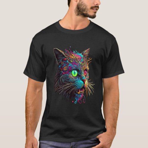 Psychedelic Zombie Cat Paint Splattered Cat T_Shirt