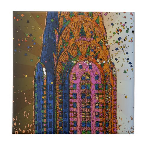 Psychedlic NYC Chrysler Building Top Closeup 1 Ceramic Tile