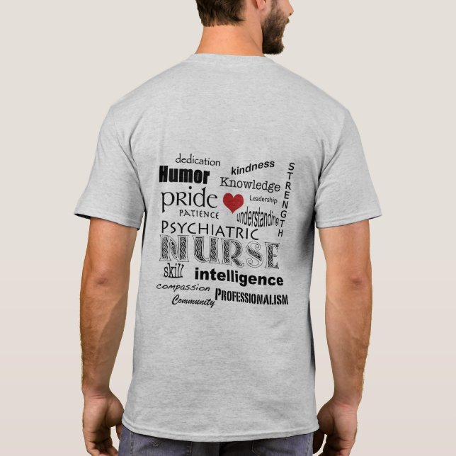 Psychiatric Nurse Pride-Word Cloud+Red Heart T-Shirt (Back)