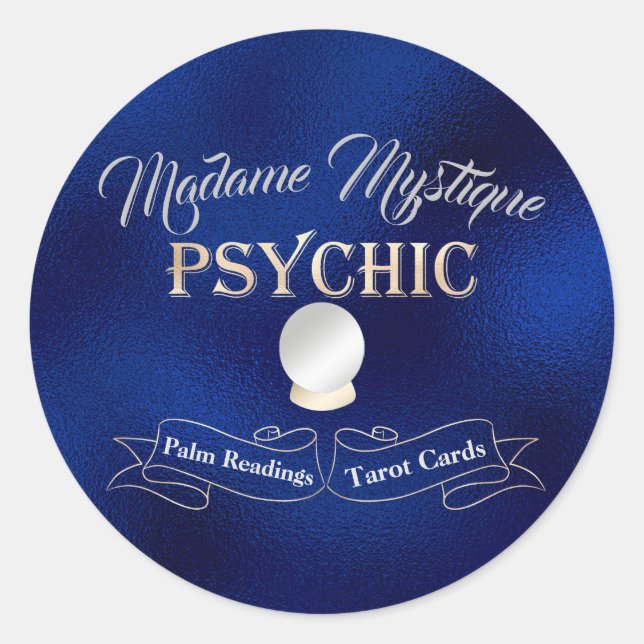 Psychic Crystal Ball Gold and Blue Classic Round Sticker (Front)