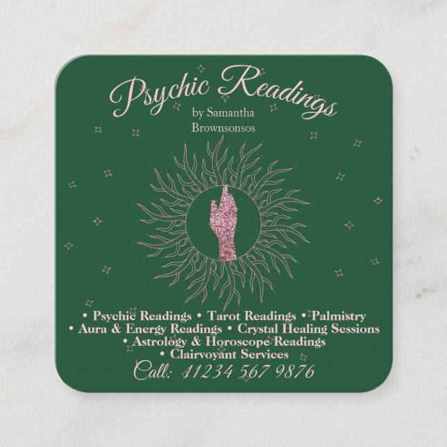 Psychic Medium Astrologist Massage Therapy Green Square Business Card (Front)