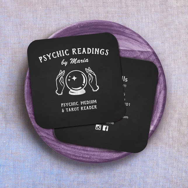 Psychic Medium Crystal Ball and Hands Black Square Business Card (Creator Uploaded)