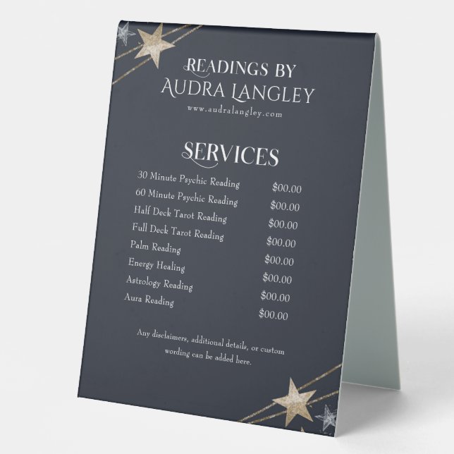 Psychic Medium, Tarot Reader Astrologer Price List Table Tent (Front)