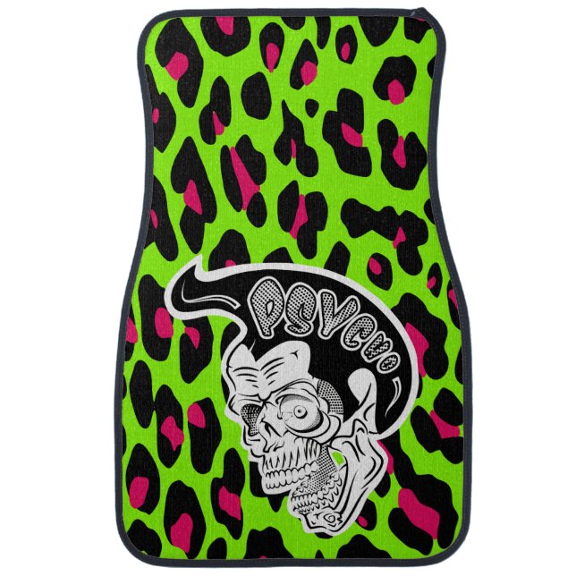 Psycho Skull Lime Leopard Print Car Floor Mat (Front)
