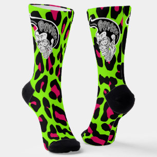 Psycho Skull Lime Leopard Print Socks