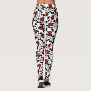Psychobilly Skulls and Red Roses Patterned Leggings