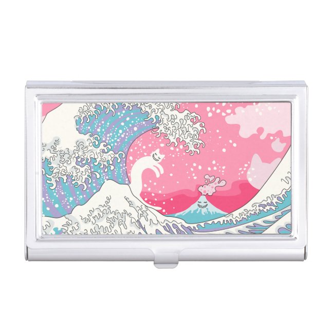 Psychodelic Bubblegum Kunagawa Surfer Cat Business Card Holder (Front)