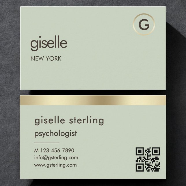 Psychologist Counselor Sage Green Gold QR Code  Business Card (Creator Uploaded)