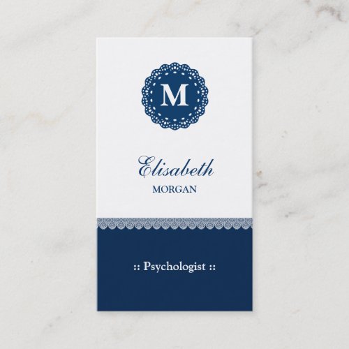 Psychologist Elegant Blue Lace Monogram Business Card