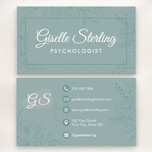 Psychologist Floral Botanical Teal Green Business Card