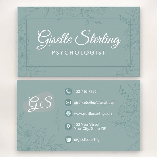 Psychologist Floral Botanical Teal Green Business Card