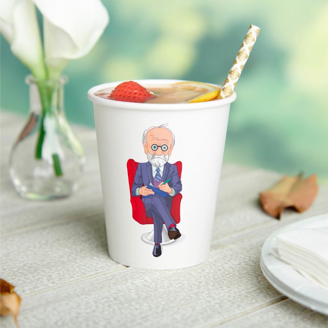 Psychologist in Suit with Notepad Sitting Paper Cups (Creator Uploaded)
