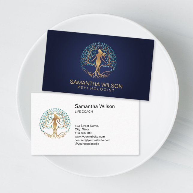Psychologist Therapist Life Coach Tree of Life Business Card (woman silhouette in the tree of life, life coach and personal growth business cards)
